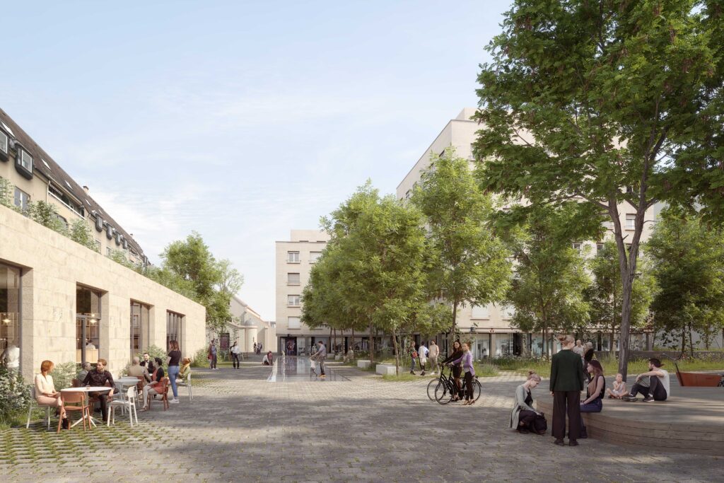 Image d’intention du­ projet Cœur de­ Sèvres­ : vue sur le ­cœur d’îlot pensé comme un espace de ­vie et un lieu d’échange attractif