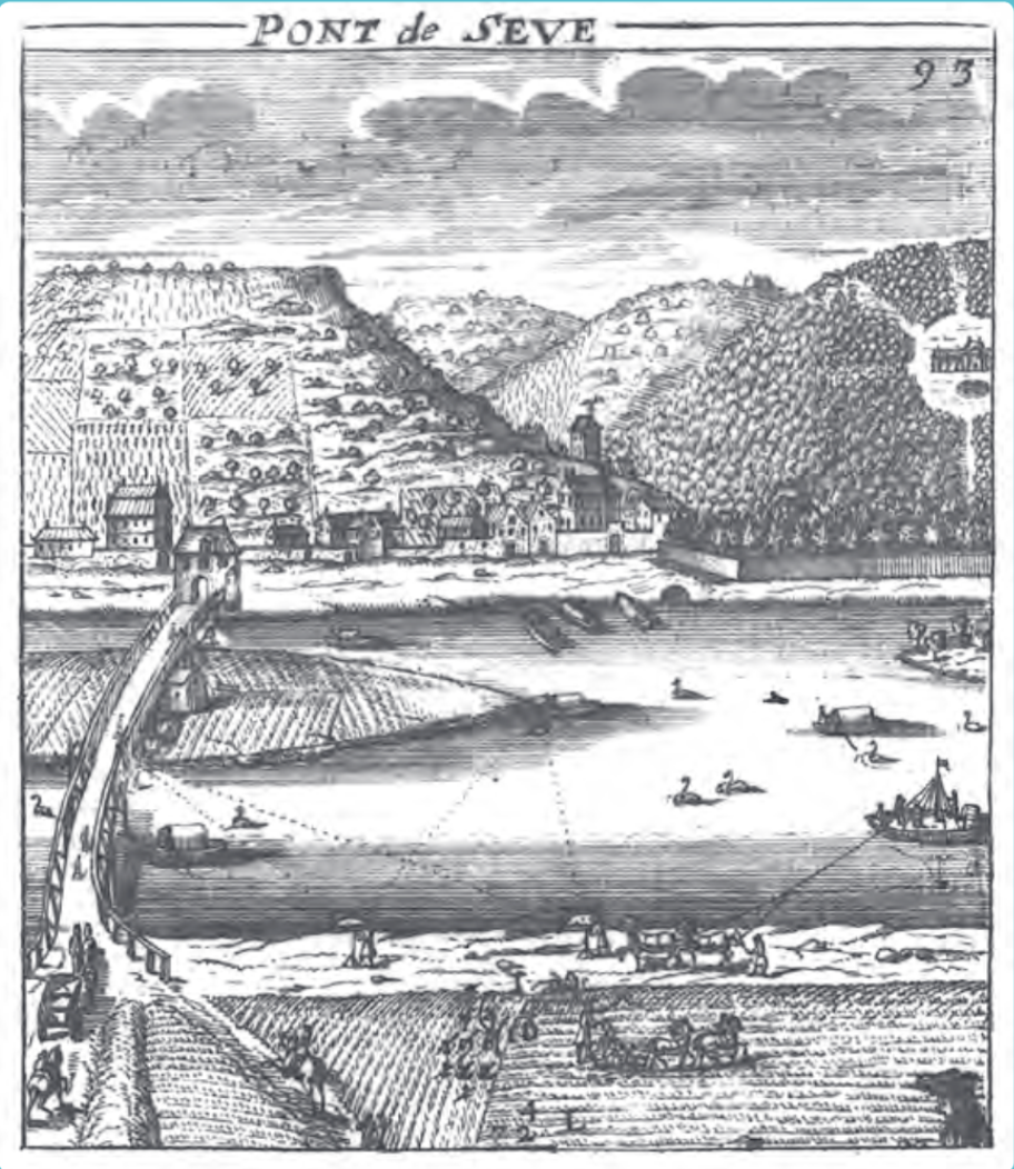 Reproduction d’une gravure (extrait) issue du traité La géométrie pratique, de Manesson-Mallet, 1702, montrant l’arche du débouché du ru de Marivel © Bibliothèque nationale